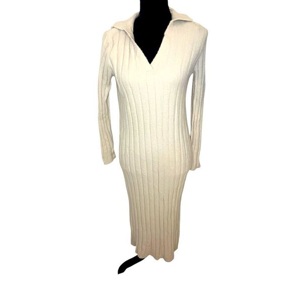 NWT RACHEL ZOE CREAM COZY SWEATER EXTRA SOFT VNECK MIDI DRESS WOMENS SIZE MEDIUM - Picture 1 of 10